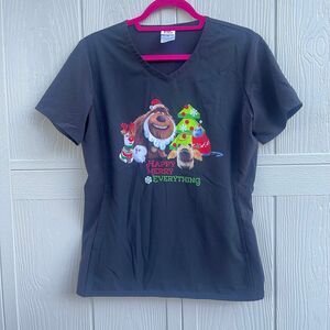 Secret Life of Pets Women’s Black Christmas Scrub V Neck Top Size S